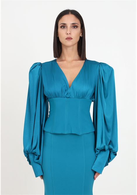 Teal green bustier shirt with balloon sleeves for women VALERIA MAZZA | 318 CAMICIA BUSTIER128